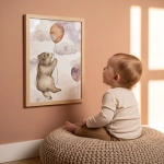 Akwarelowy plakat Prosiaczek na chmurce Happy Flight w pokoju niemowlęcym – Mała Pracownia