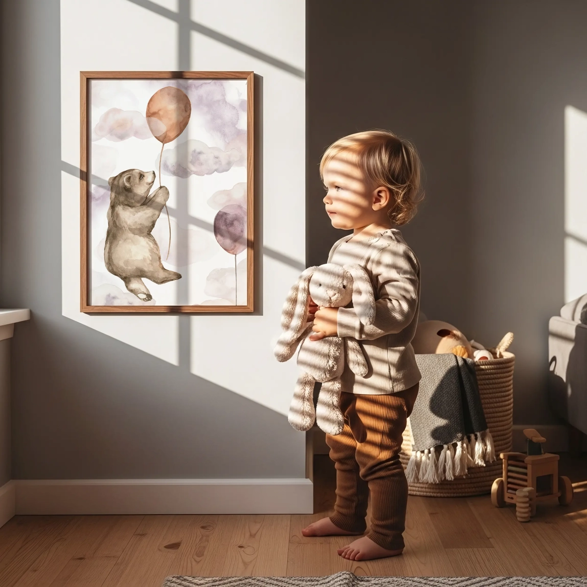 Plakat Prosiaczek na chmurce z kolekcji Happy Flight w aranżacji pokoju dziecka – Mała Pracownia