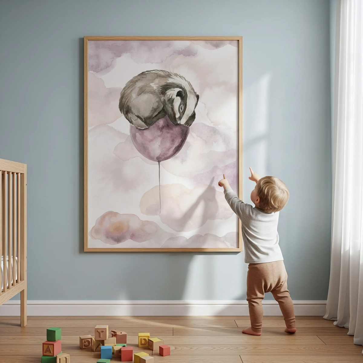 Akwarelowy plakat Borsuk na baloniku Happy Flight w pokoju dziecka