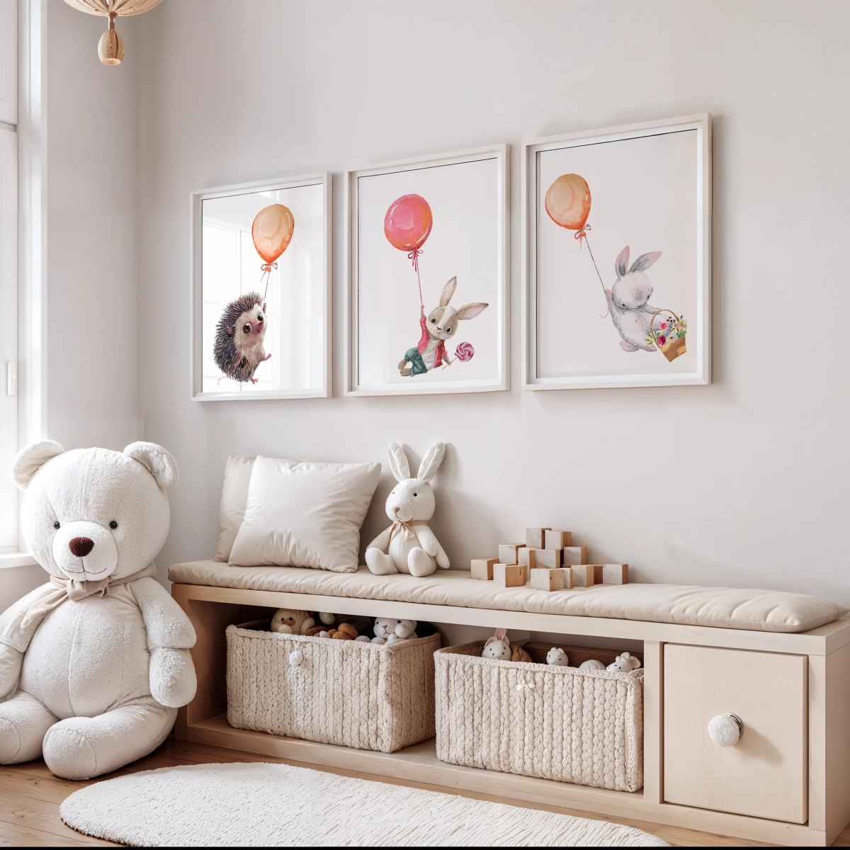 Plakaty z jeżem i króliczkami z balonami – zestaw 3, Mała Pracownia