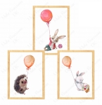 Zestaw 3 plakaty jeż i króliczki z balonami do pokoju dziecka