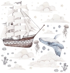 Naklejki Podniebny ocean Zestaw Nr 2 – wieloryb, statek i chmurki