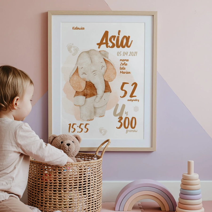 Metryczka słonik retro dla dziecka – Mała Pracownia