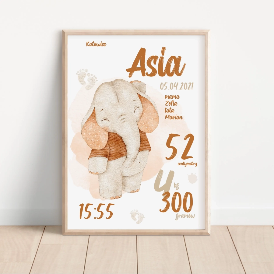 Metryczka z imieniem dziecka słonik – Mała Pracownia