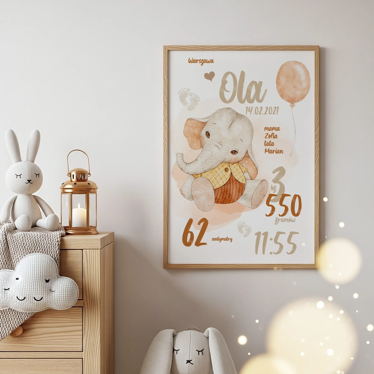 Metryczka z imieniem dziecka Słonik retro Nr 3 – Mała Pracownia