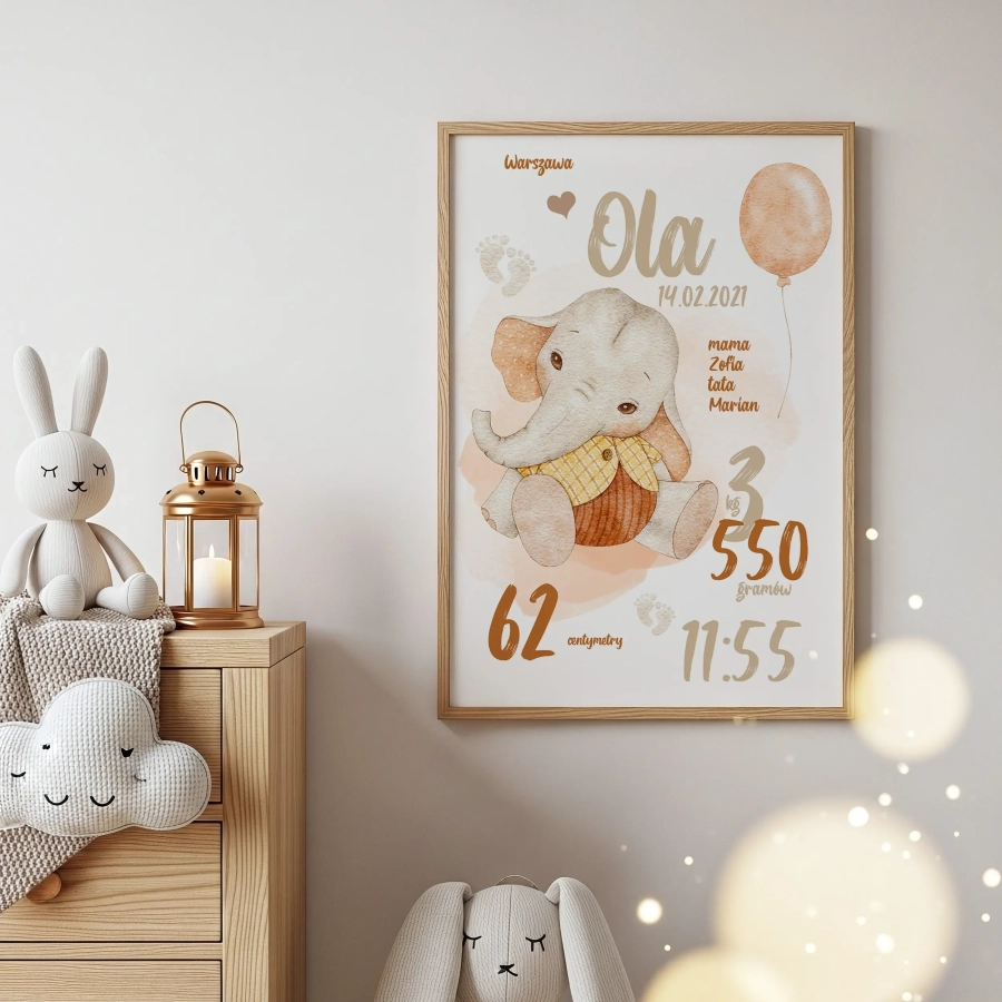 Metryczka z imieniem dziecka Słonik retro Nr 3 – Mała Pracownia