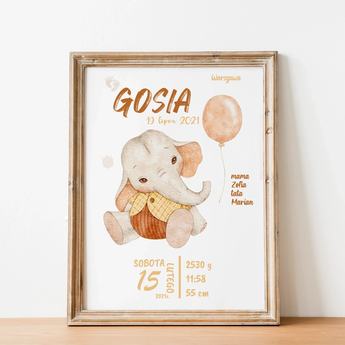 Metryczka dla dziecka Słonik retro Nr 2 – Mała Pracownia