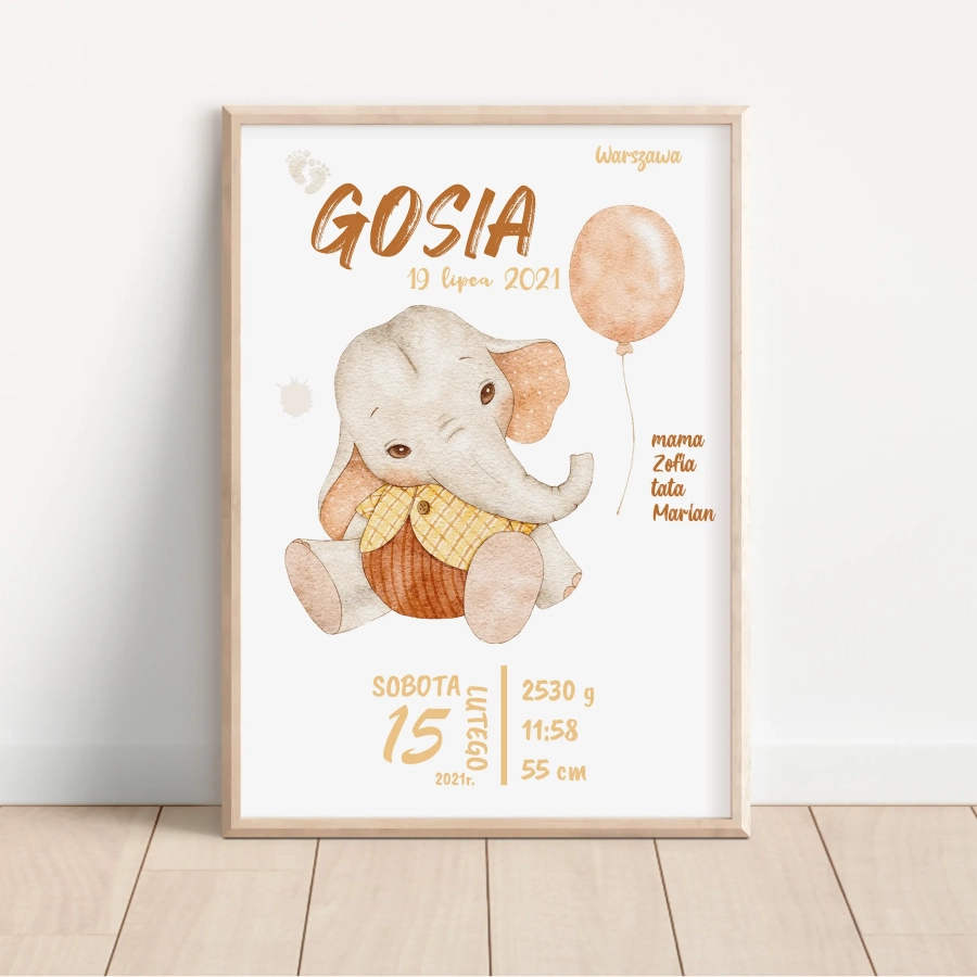 Metryczka narodzin dziecka Słonik retro Nr 2 – Mała Pracownia