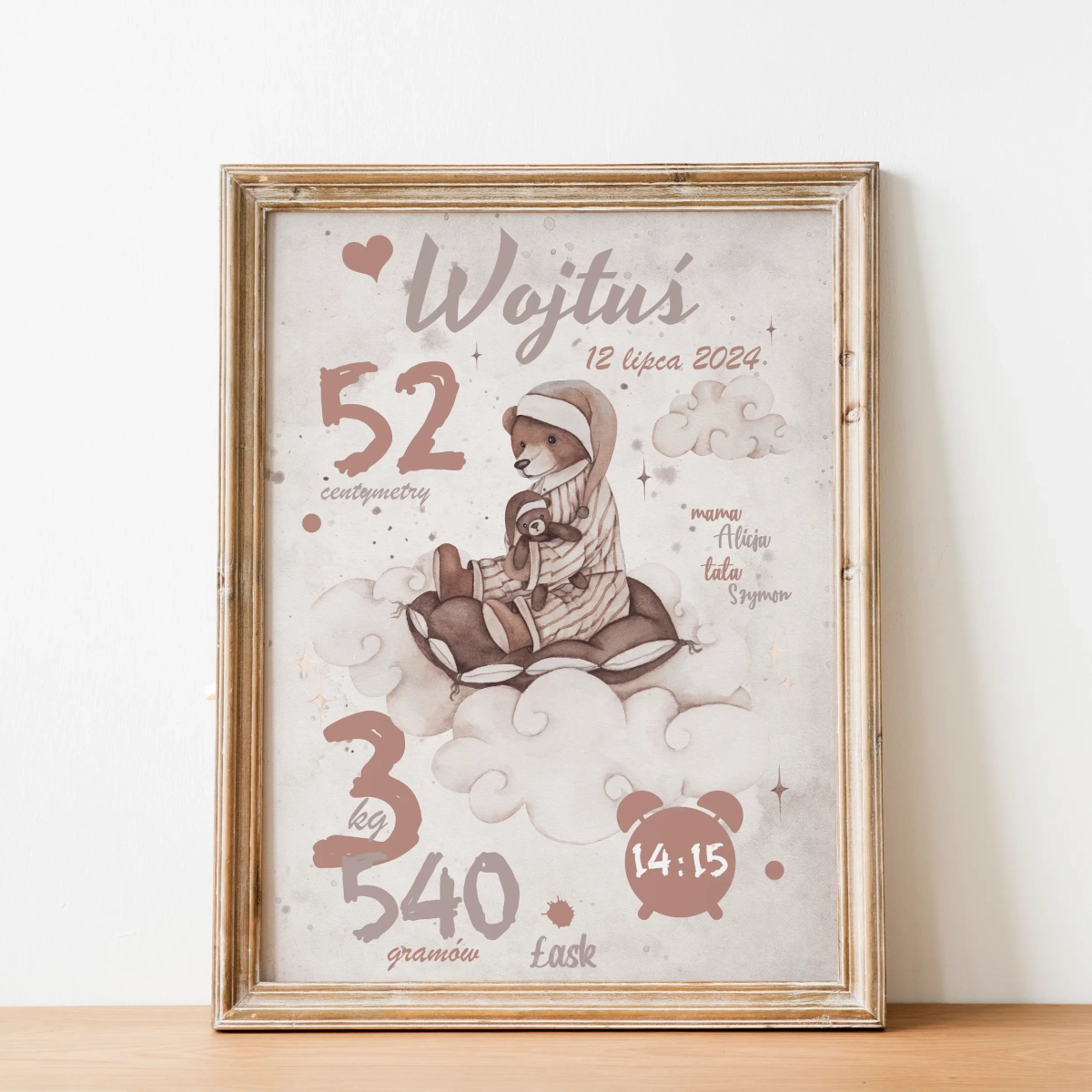 Plakat metryczka Miś na Chmurce do pokoju dziecka