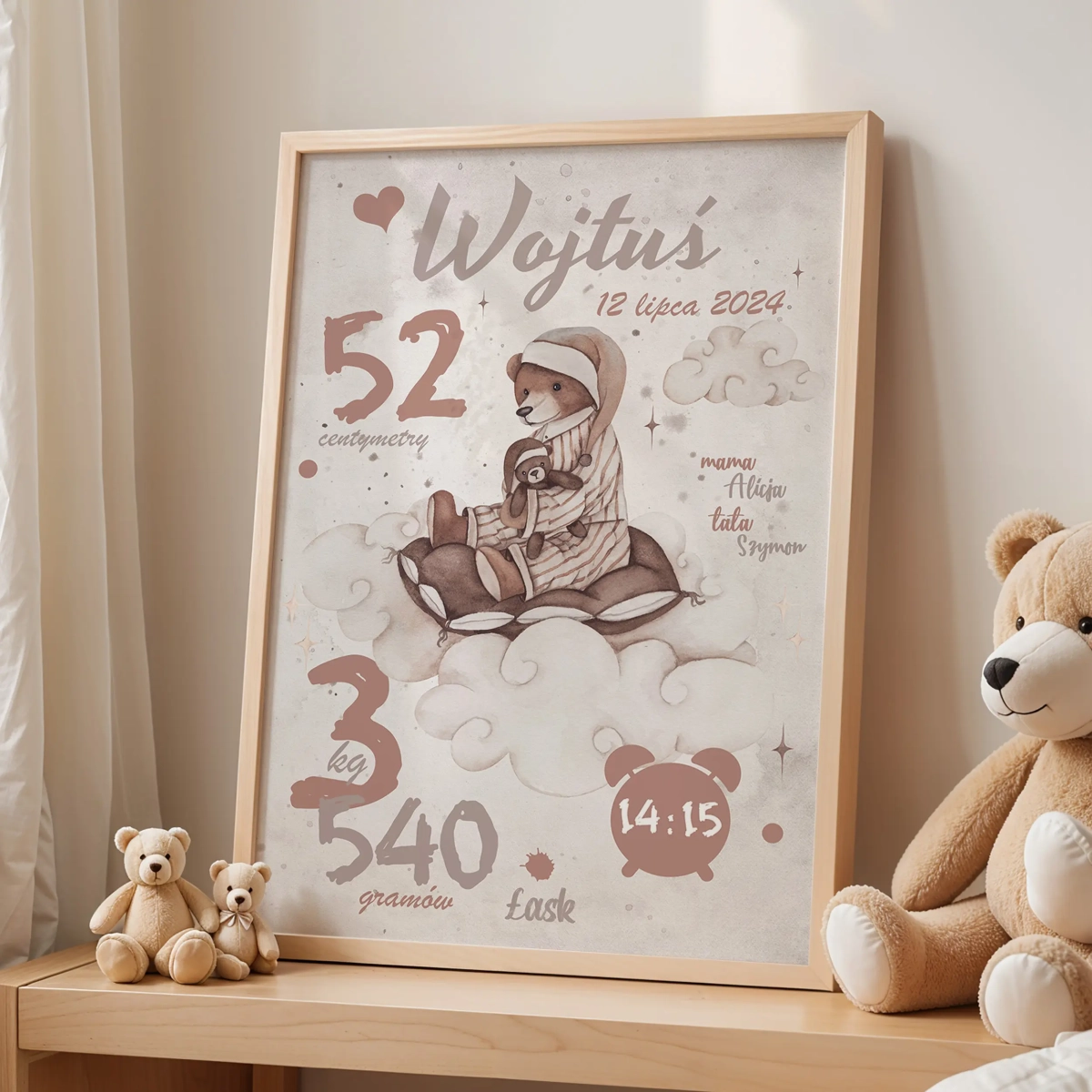 Metryczka urodzeniowa Miś na Chmurce dla dziecka