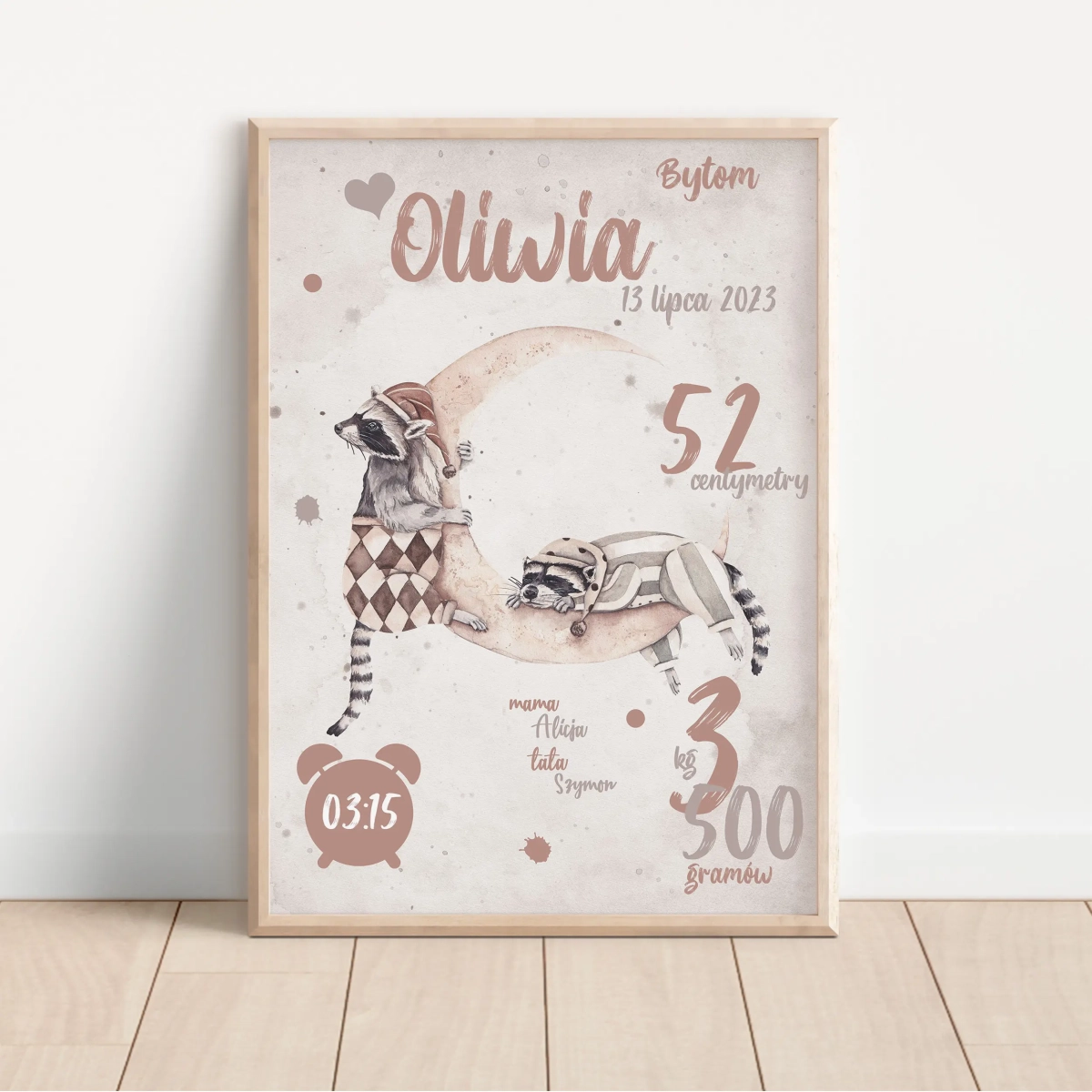 Metryczka – Szopy na Księżycu | Plakat z imieniem dla dziecka – Mała Pracownia
