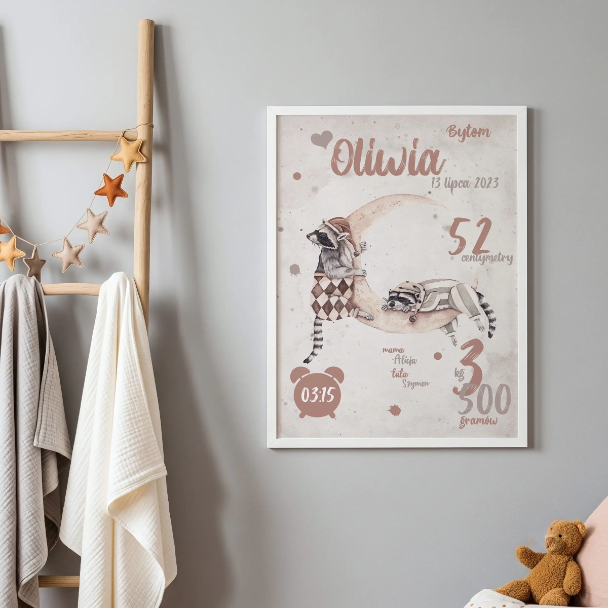 Metryczka dla dziecka Szopy na Księżycu – personalizowany plakat – Mała Pracownia