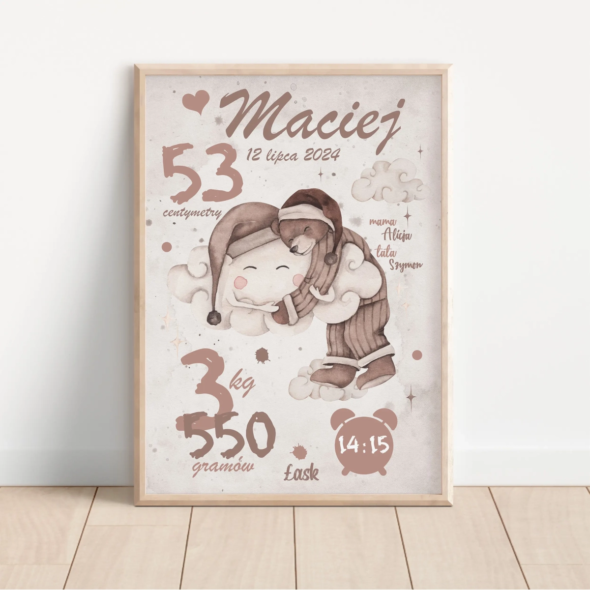 Metryczka Miś z Chmurką | Plakat retro na ścianę – Mała Pracownia