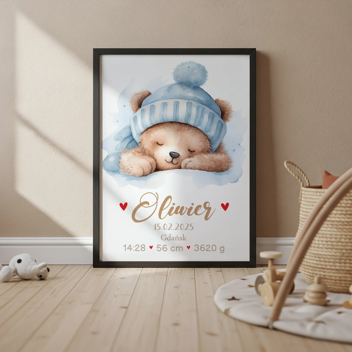 Plakat metryczka pastelowy miś niebieski – Mała Pracownia