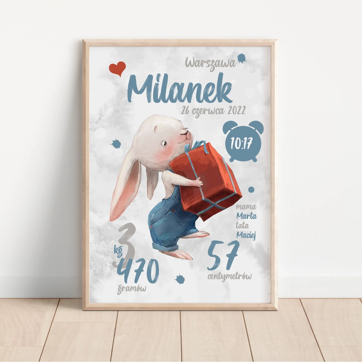 Metryczka Króliczek z Prezentem – plakat na ścianę