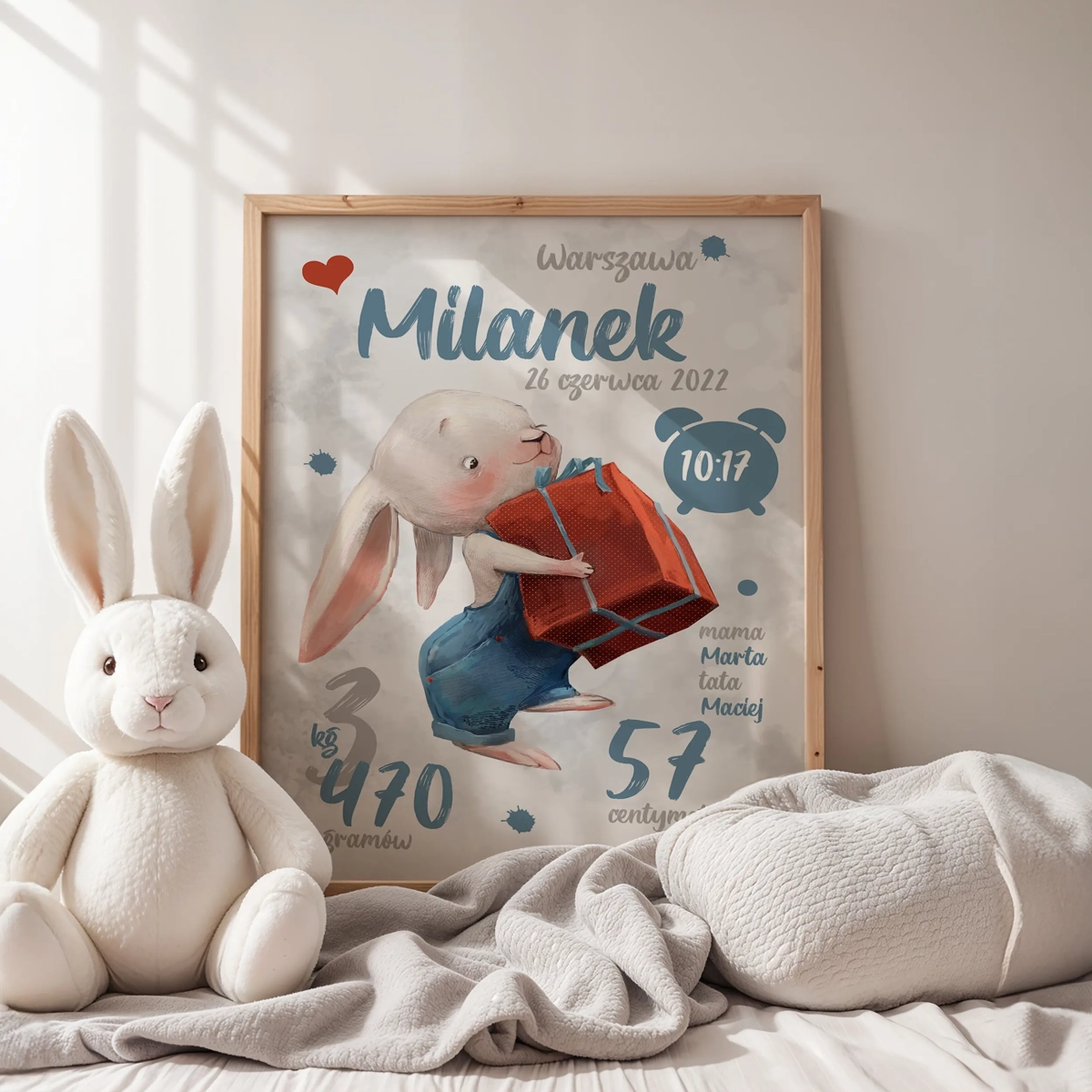 Plakat metryczka Króliczek z Prezentem – Mała Pracownia