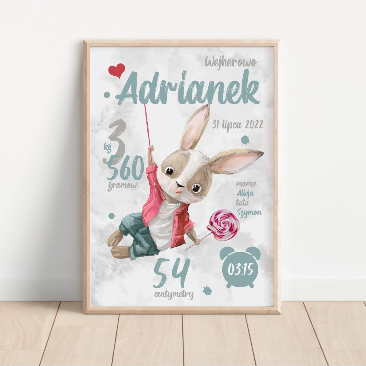 Metryczka Króliczek z Lizakiem – plakat z imieniem dziecka – Mała Pracownia