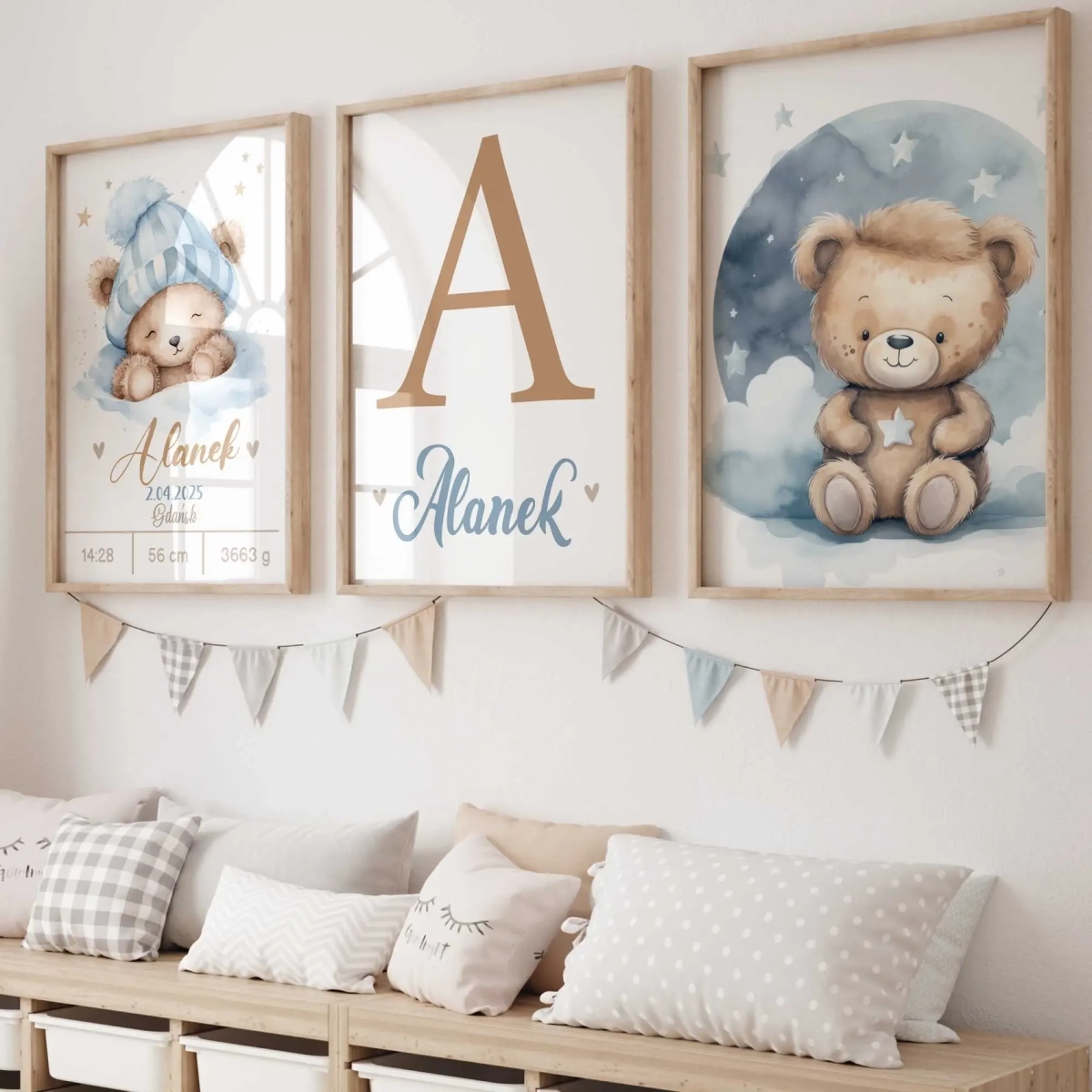 Zestaw 3 plakaty pastelowe misie niebieskie – dekoracja do pokoju dziecka