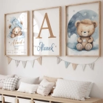 Zestaw 3 plakaty pastelowe misie niebieskie – dekoracja do pokoju dziecka