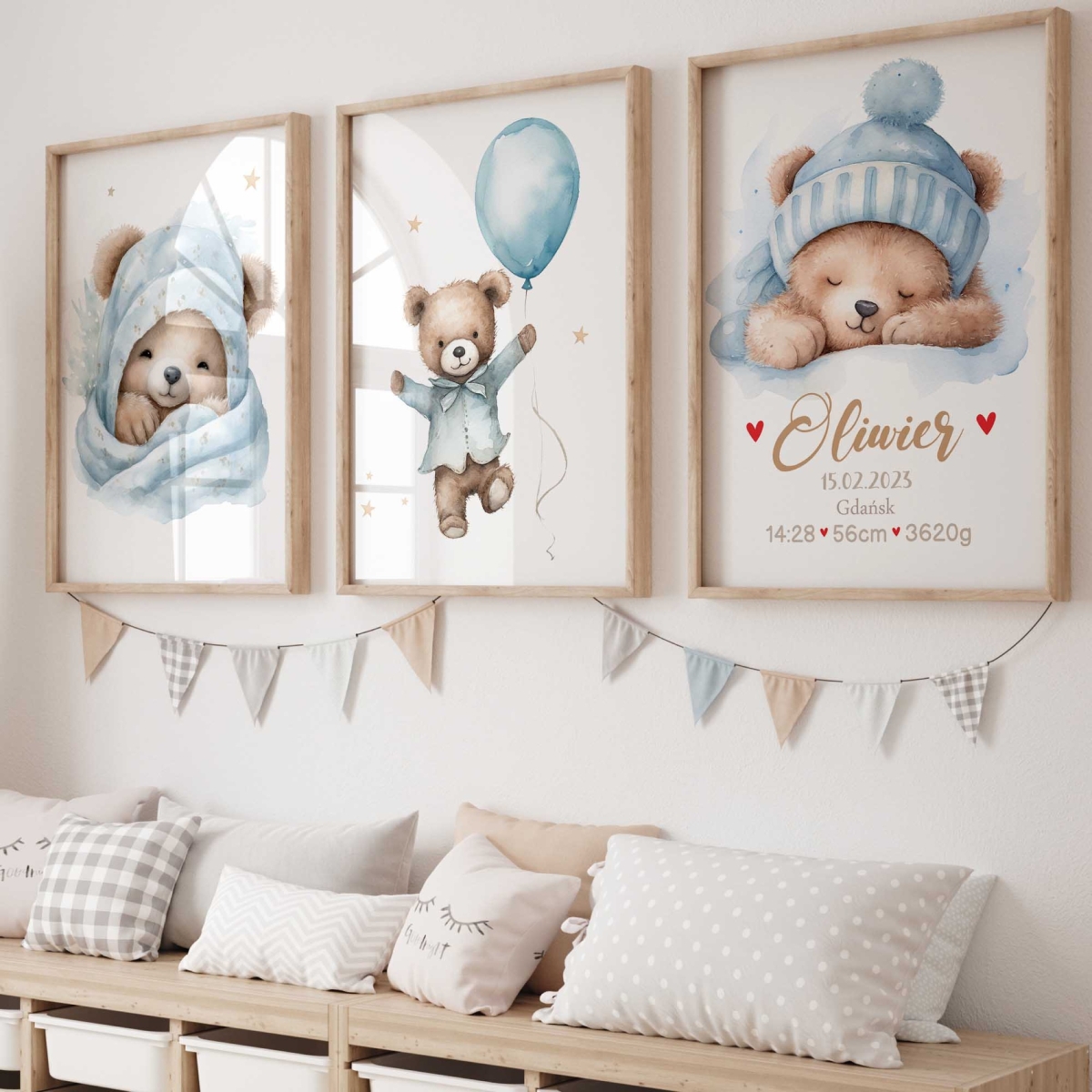 Zestaw 3 plakaty pastelowe misie niebieskie – Wzór 3 | Mała Pracownia