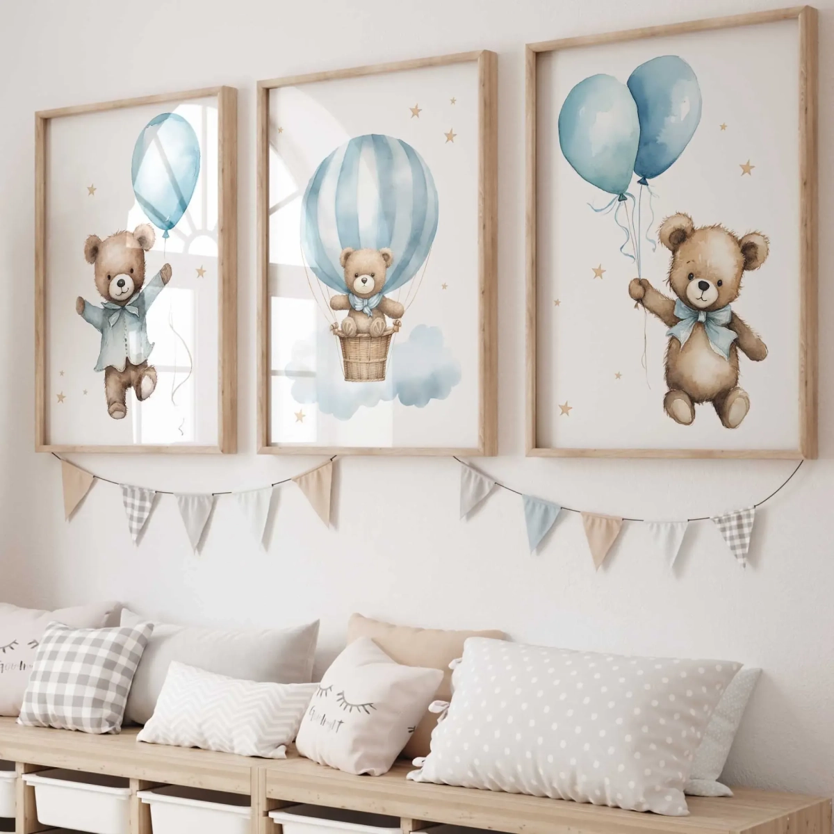 Zestaw 3 plakaty Pastelowe Misie Niebieskie – Wzór 1 | Mała Pracownia