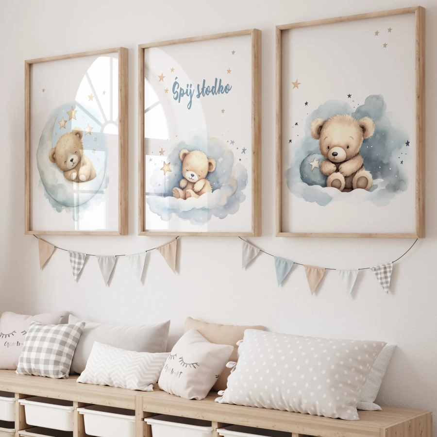 Zestaw 3 Plakaty Pastelowe Misie Niebieskie Wzór 4 – Mała Pracownia