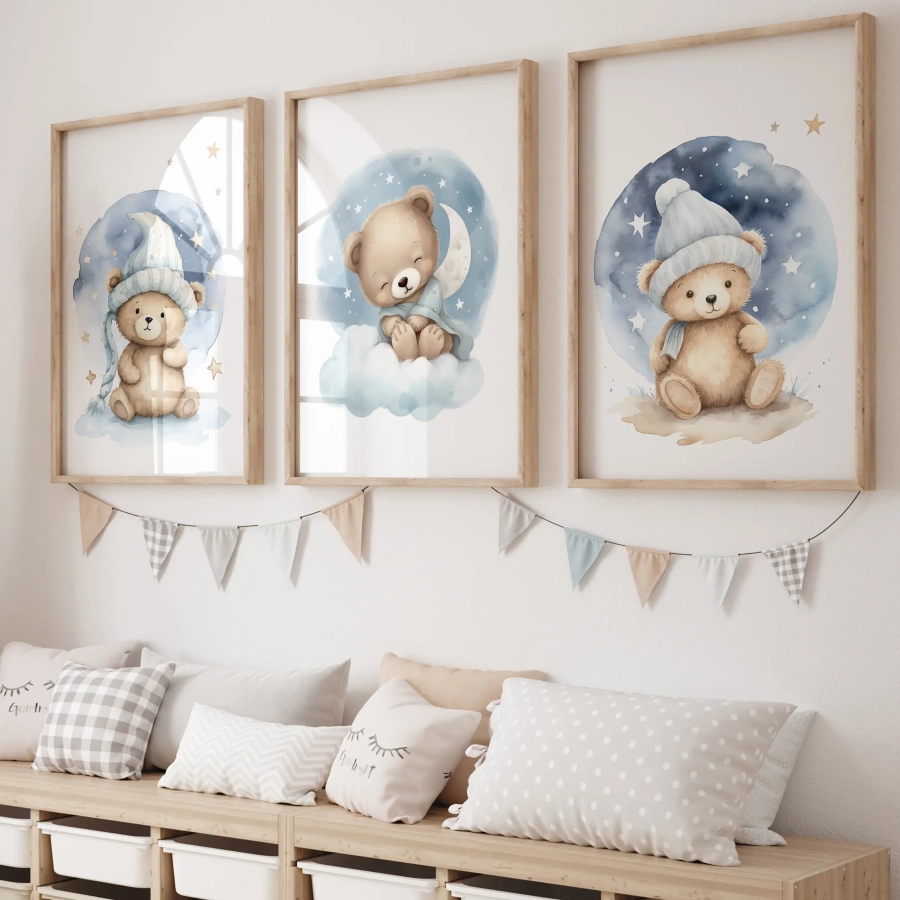 Zestaw 3 Plakaty Pastelowe Misie Niebieskie Wzór 5 – Mała Pracownia