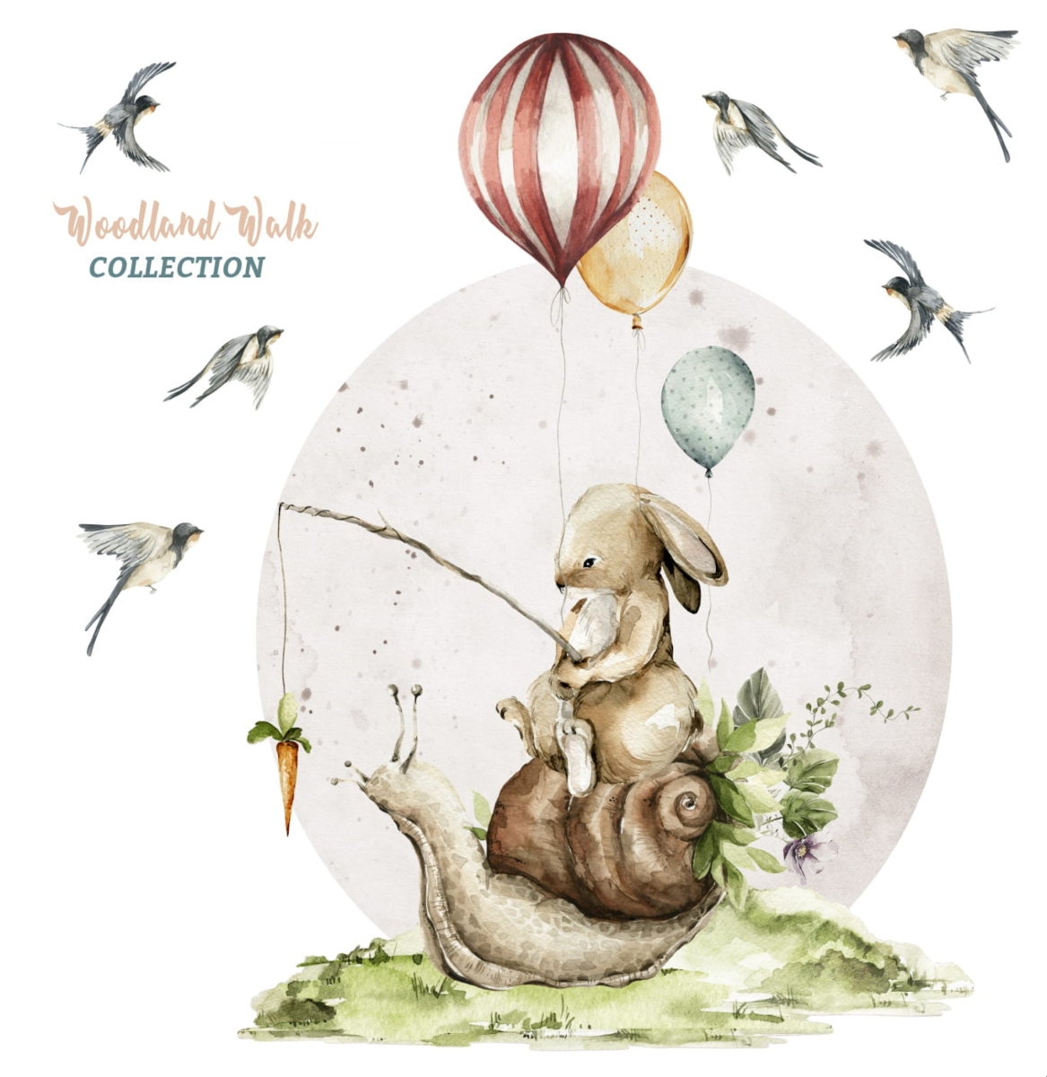 ❤ Zajączek z balonami siedzący na ślimaku – naklejka Little Woodland nr 3