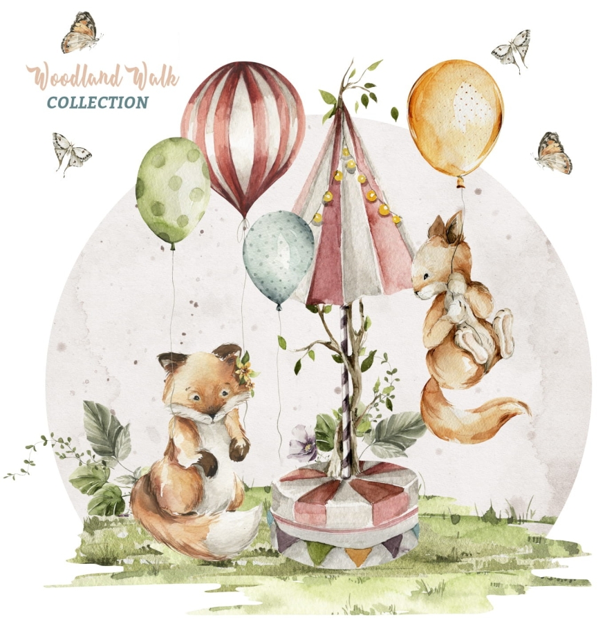 Lisek i zajączek unoszący się z balonami – naklejka Little Woodland nr 5
