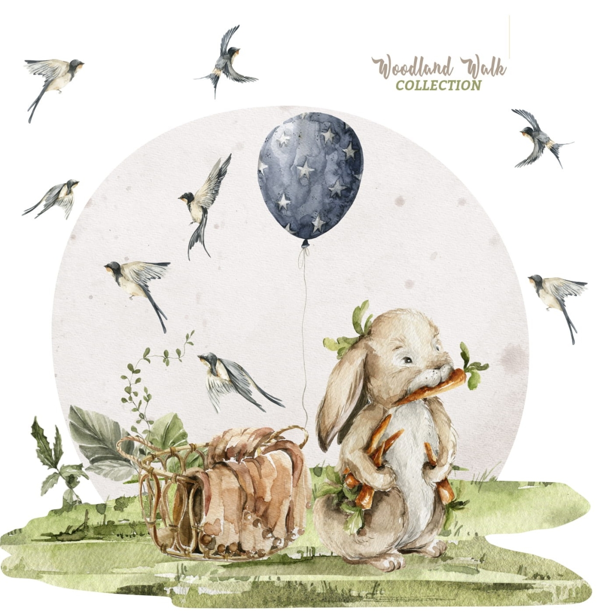 Naklejka na ścianę z zajączkiem, marchewką i jaskółkami – Little Woodland nr 6