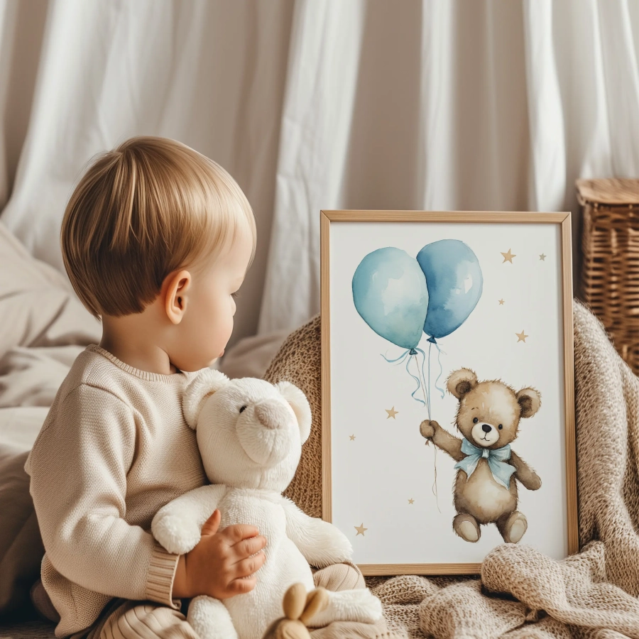 Plakat na ścianę Pastelowy miś z balonikiem Wzór nr 2 – Mała Pracownia