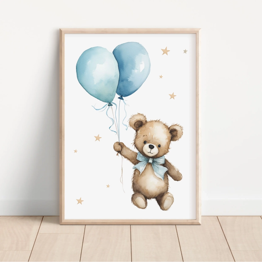 Plakat pastelowy z misiem i balonikiem do pokoju dziecka – Mała Pracownia