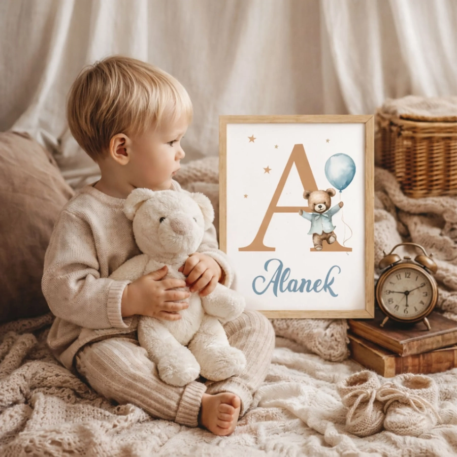 Personalizowany plakat z misiem i balonikiem do pokoju dziecka