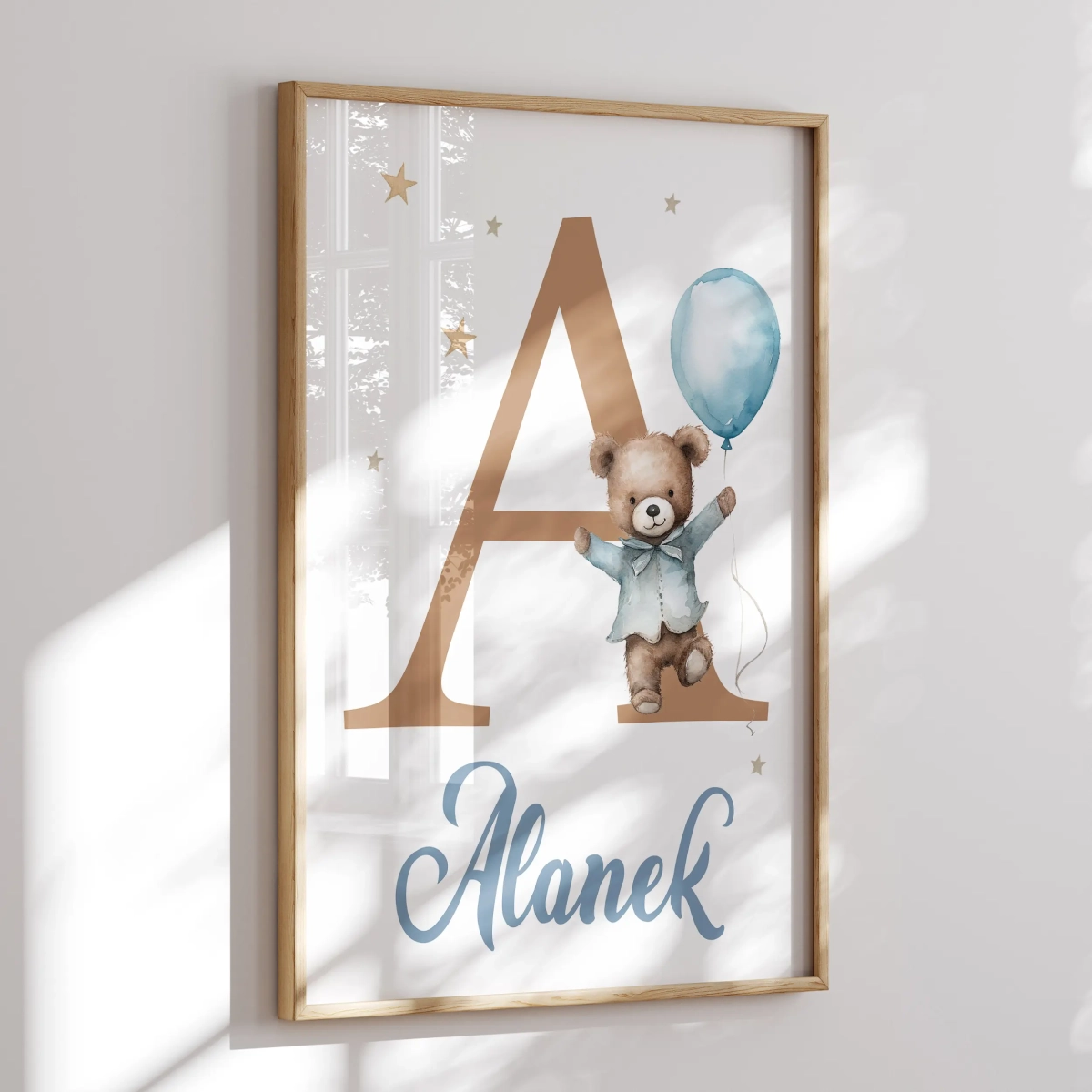 Plakat z imieniem dziecka pastelowy miś – dekoracja ścienna