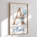 Plakat z imieniem dziecka pastelowy miś – dekoracja ścienna