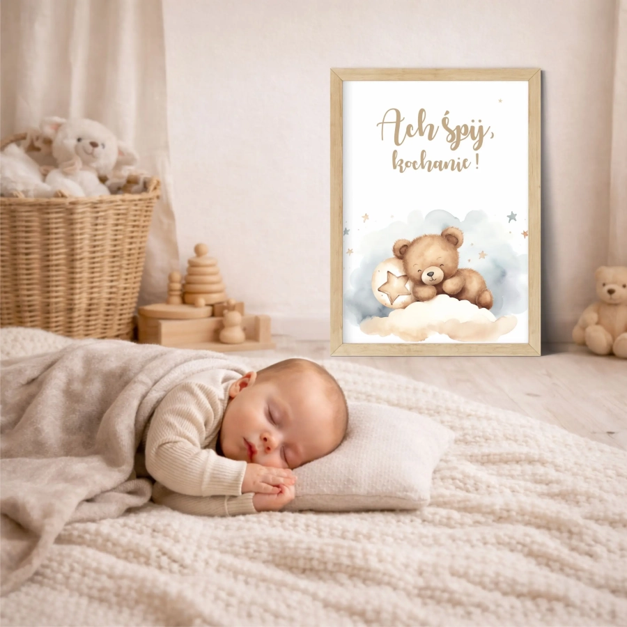 Pastelowy plakat z misiem do pokoju dziecka – Mała Pracownia