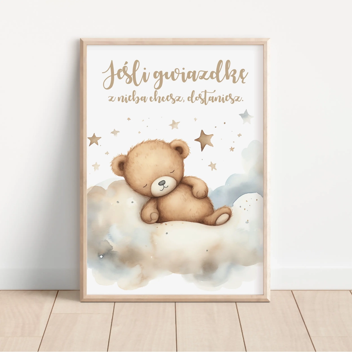 Plakat Pastelowy Miś Wzór 7 „Jeśli gwiazdkę z nieba chcesz, dostaniesz” – Mała Pracownia