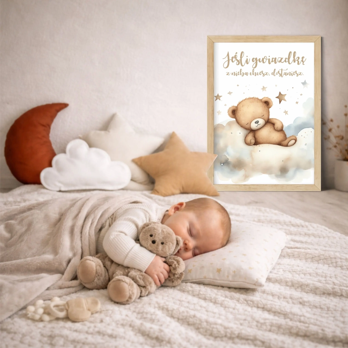 Plakat z napisem „Jeśli gwiazdkę z nieba chcesz, dostaniesz” – Pastelowy Miś Wzór 7