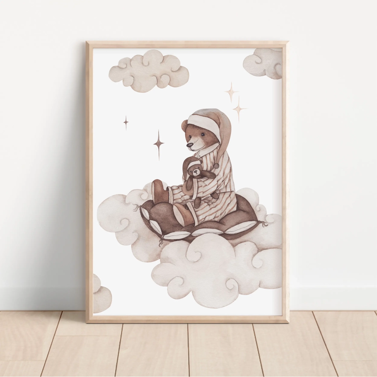 Plakat dziecięcy Miś na chmurce w pastelowych barwach
