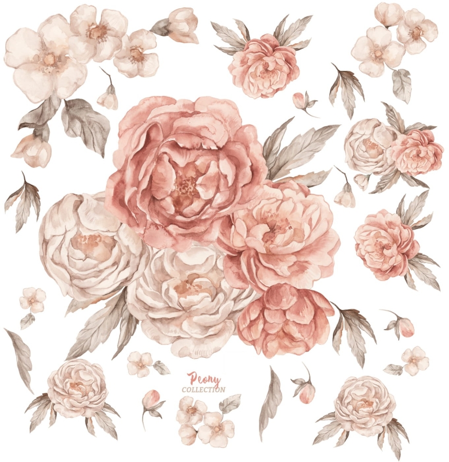 Piwonie Sunrise – zestaw naklejek ściennych z piwoniami i listkami