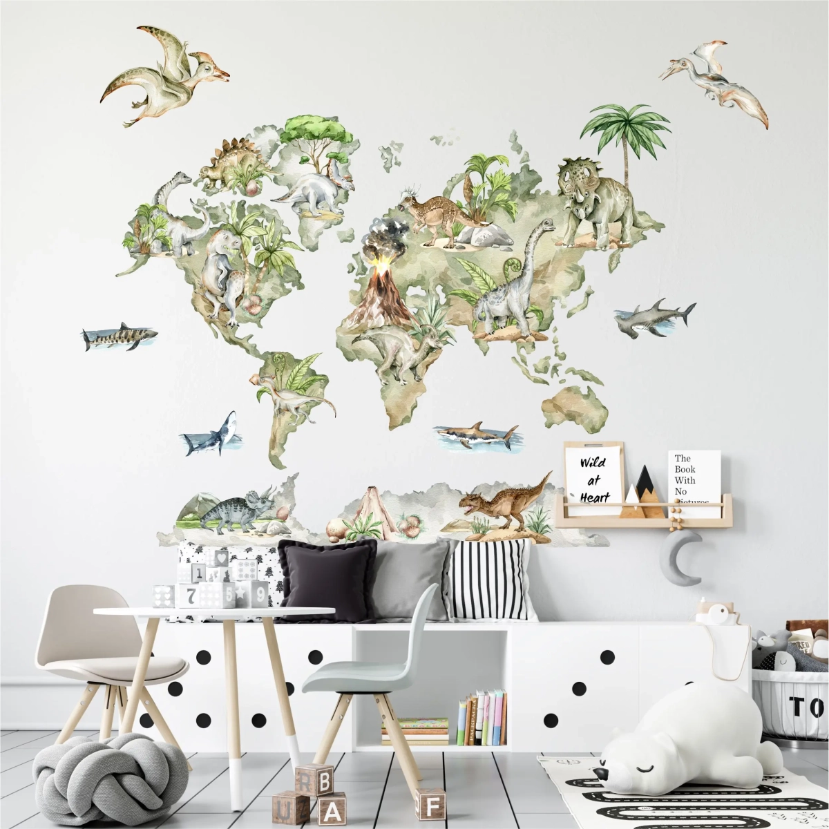 Naklejka na ścianę Mapa świata z dinozaurami – Mała Pracownia