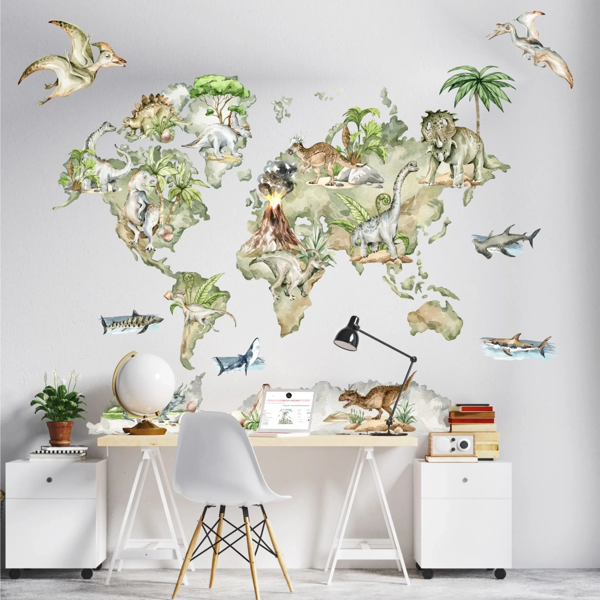Naklejka ścienna Mapa świata dinozaury dla dzieci – Mała Pracownia