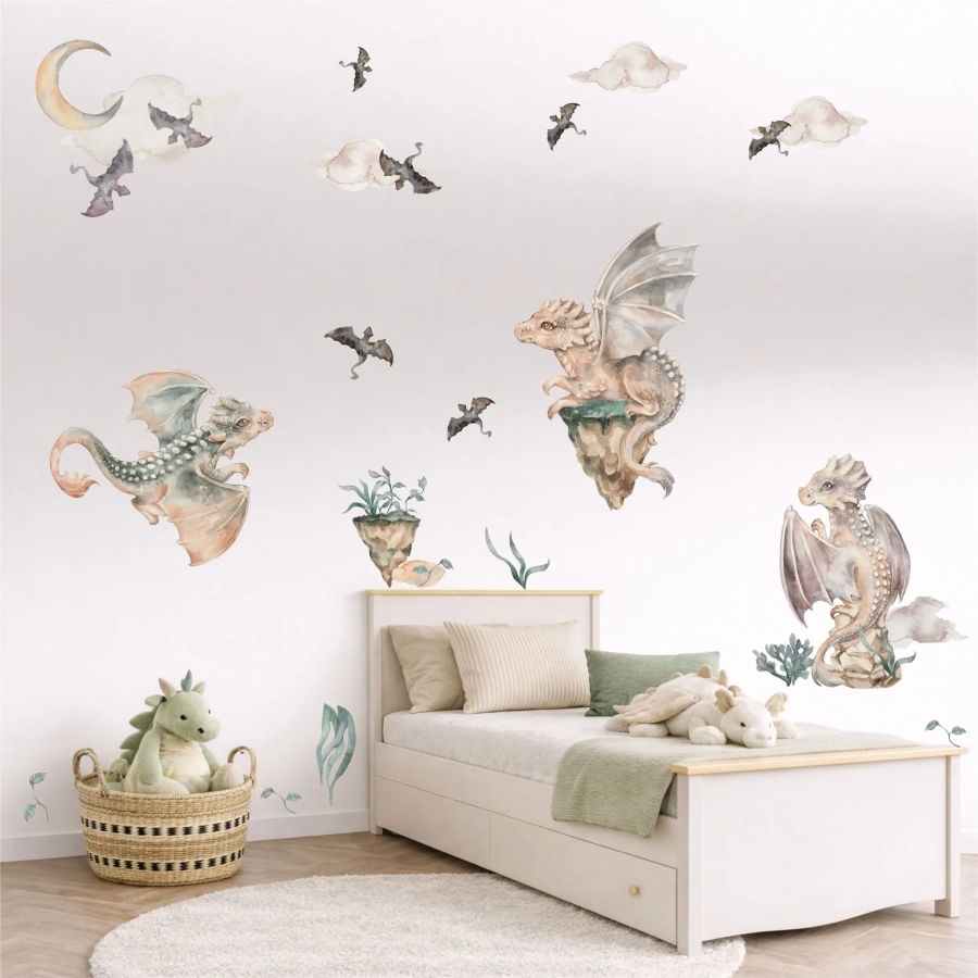 Naklejki ścienne z akwarelowymi smokami dla dzieci – Mała Pracownia