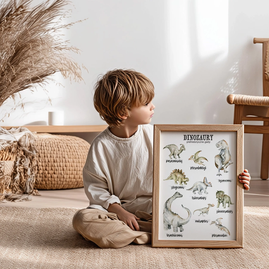 Plakat edukacyjny z dinozaurami i podpisami – Mała Pracownia