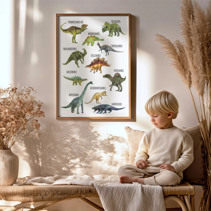 Plakat Dinozaury akwarela z podpisami – Wzór 5 | Mała Pracownia