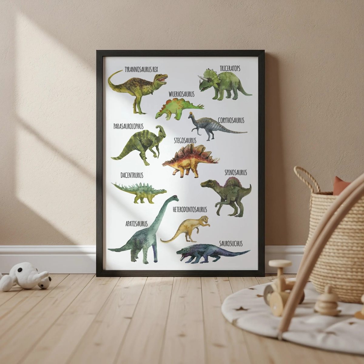 Plakat z dinozaurami i nazwami gatunków – Mała Pracownia