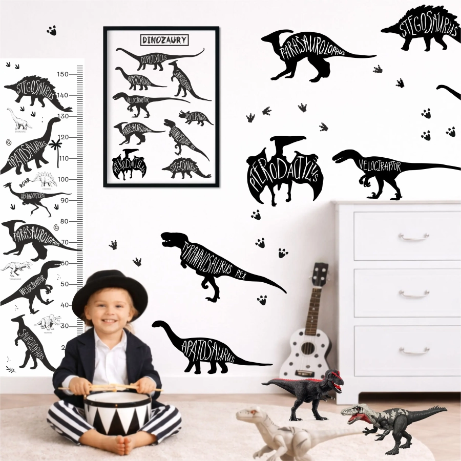 Plakat Dinozaury z nazwami – Wzór 4 czarno-biały | Mała Pracownia