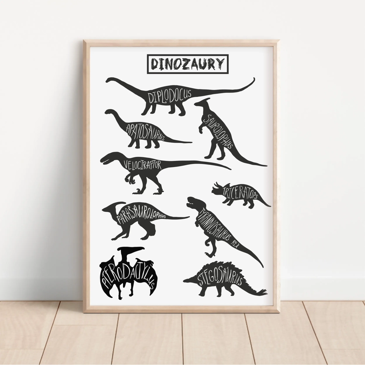 Czarno-biały plakat z dinozaurami i nazwami – Mała Pracownia