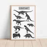 Czarno-biały plakat z dinozaurami i nazwami – Mała Pracownia
