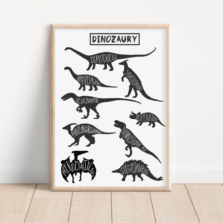 Czarno-biały plakat z dinozaurami i nazwami – Mała Pracownia